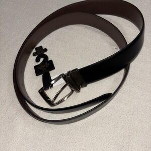 Men's Warehouse Black Brown Reversible Belt Silver Buckle Size 46